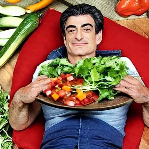 Prompt: mehmet oz lying down in oversized dish of vegetables and salsa and chips, and stacks of money, fat belly!!!!!!!!!!!!!!!!!!!