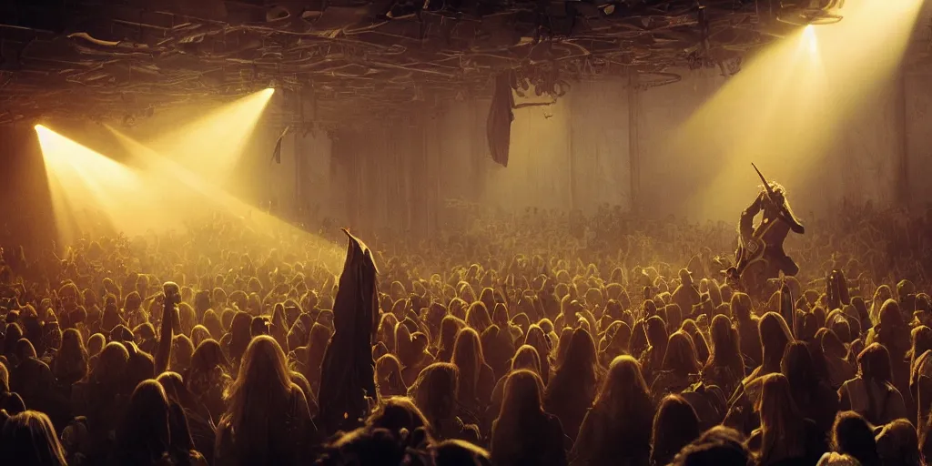 Image similar to ambience, atmosphere, sunbeams, concept art, sauron plays guitar at a rock concert to a crowd of orcs, lord of the rings, peter jackson, studio ghibli, detailed, realistic lighting, volumetric lighting, golden hour,