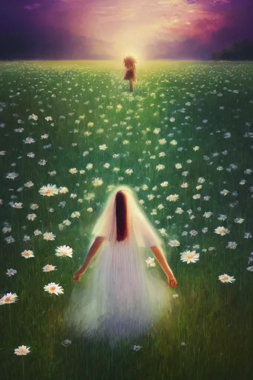 Prompt: giant white daisy flower veil head, girl walking in a flower field, surreal photography, sunrise, dramatic light, impressionist painting, colorful clouds, digital painting, artstation, simon stalenhag