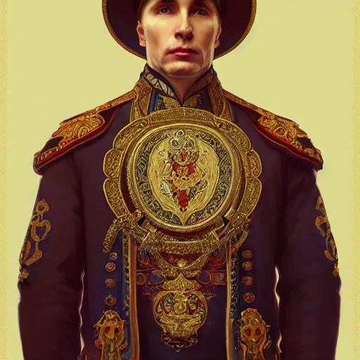 Image similar to a portrait of ( male ) putin, upper half portrait, decorated with russian motifs, traditional russia, intricate, elegant, highly detailed, symmetry, headpiece, digital painting, artstation concept art smooth sharp focus, illustration, art by artgerm and greg rutkowski alphonse mucha 8 k