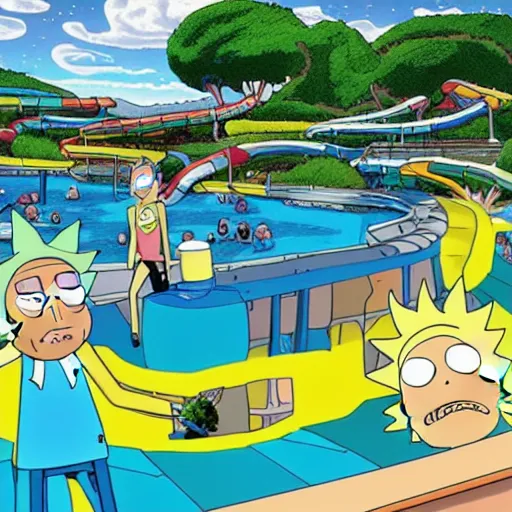 Prompt: rick and morty themed water park