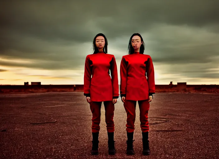 Image similar to cinestill 5 0 d closeup photographic portrait of two clones in front of a brutalist metal building, techwear women, on a desolate plain with a red sky, black oversized clothes, depth of field, 4 k, 8 k, hd, full color