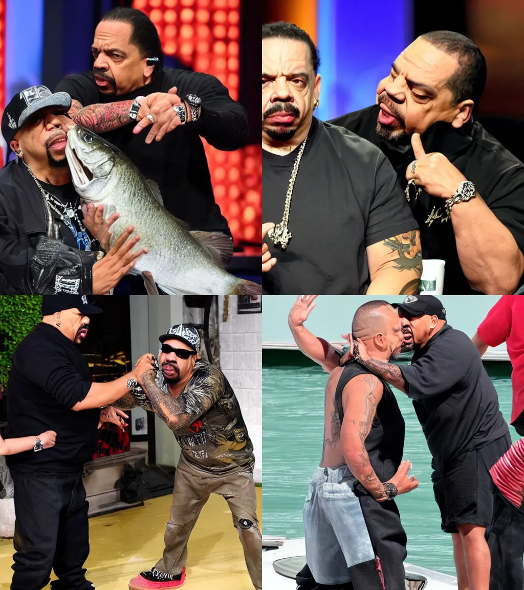 Prompt: ice t being slapped in the face with a big fish
