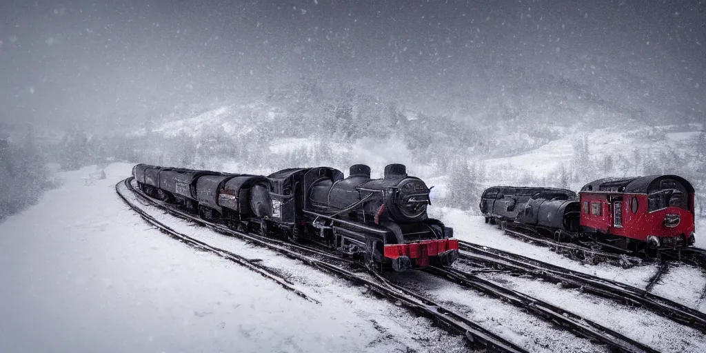 Image similar to a high detail photograph of a heavy steam train in the snow under a blizzard, realism, 4 k, award winning photograph, octane render, award winning photograph