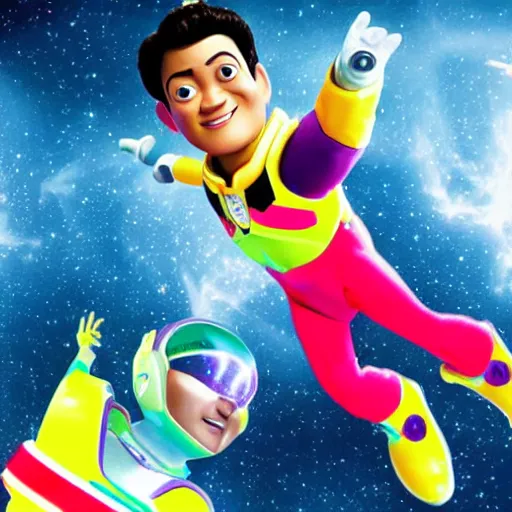 Prompt: bruno mars as buzz lightyear flying through space fighting the power rangers with lazers