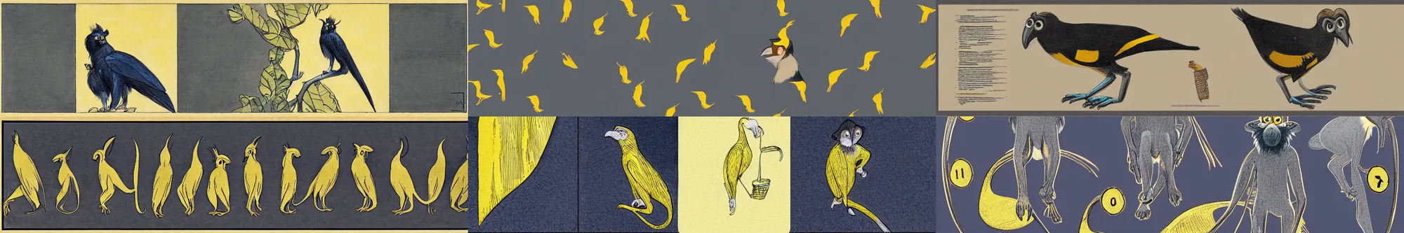 Prompt: character pose sheet of long - eared crow monkey wearing raincoat payne's grey, azo yellow, and indigo | tonalist style, art nouveau illustration