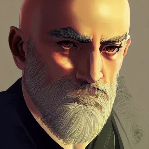 Image similar to portrait from a handsome masculine balded wizard by artist kuvshinov ilya