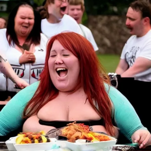 Image similar to Woman winning an eating contest, huge belly almost bursting from overeating.