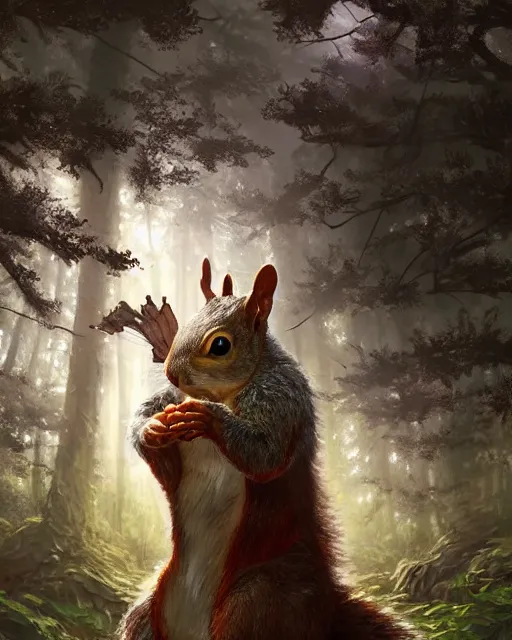 Prompt: Squirrel clothed, portrait, magic, forest background, magic the gathering artwork, D&D, fantasy, cinematic lighting, centered, symmetrical, highly detailed, digital painting, artstation, concept art, smooth, sharp focus, illustration, volumetric lighting, epic Composition, 8k, art by Akihiko Yoshida and Greg Rutkowski and Craig Mullins, oil painting, cgsociety