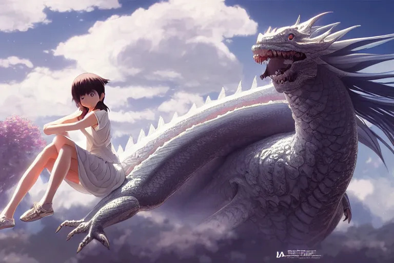 Image similar to a hyper detailed big render that a beautiful girl sitting on the back of a huge silver white dragon alone in fairyland surrounded by white clouds, finely detailed angelic face, style of studio ghibli, makoto shinkai, xision, ilya kuvshinov and artgerm, kazuki tanahashi, james jean, animation style, golden curve composition