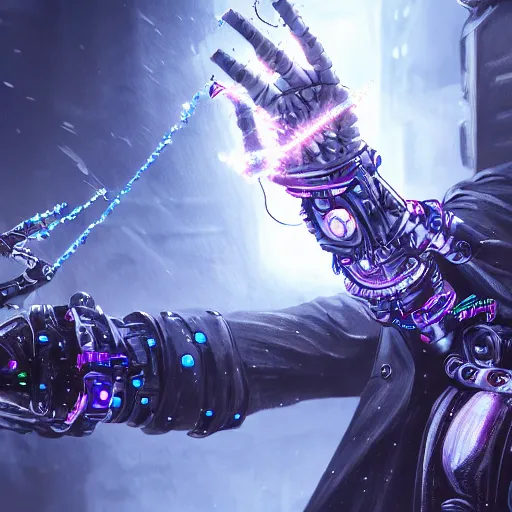 Image similar to an evil cybernetic magician releasing ice spell, cyberpunk concept art, trending on artstation, highly detailed, intricate, sharp focus, digital art, 8 k