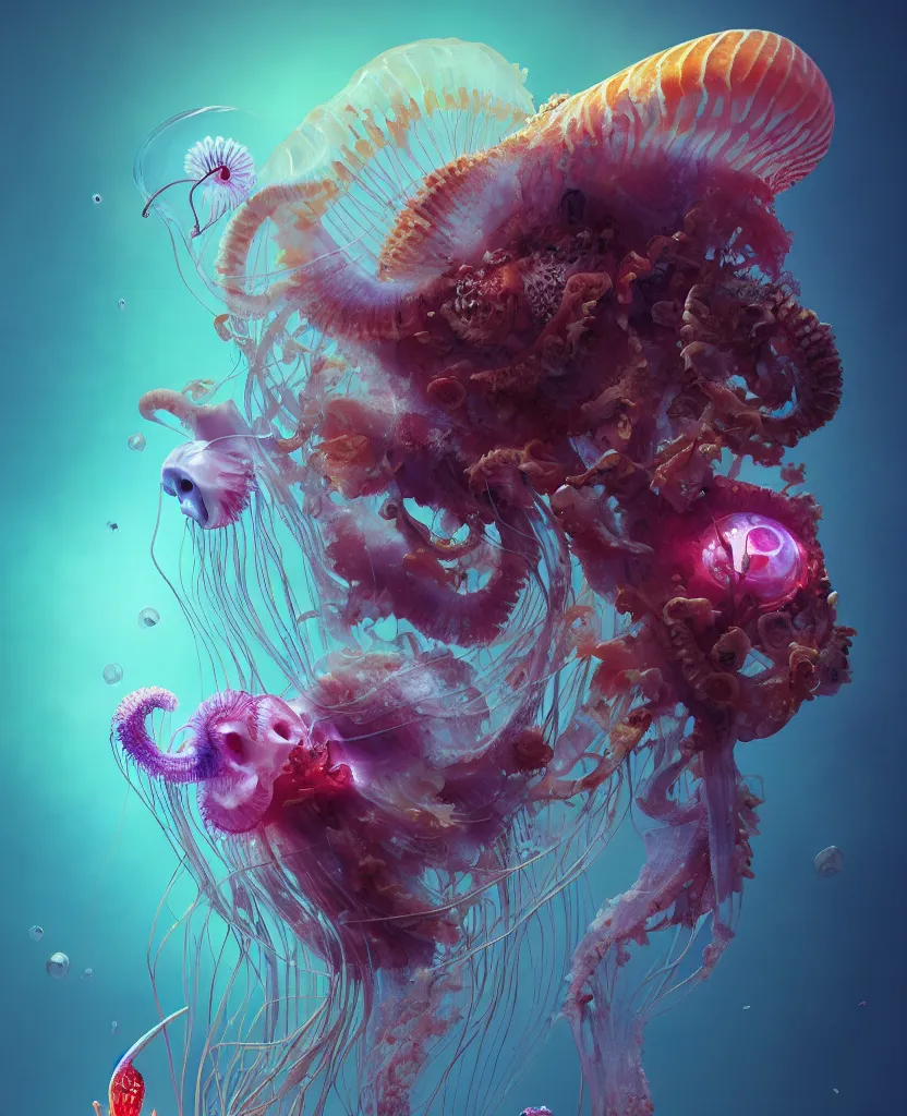 Image similar to human thorax, jellyfish phoenix head, nautilus, orchid, skull, betta fish, bioluminiscent creatures, intricate artwork by Tooth Wu and wlop and beeple. octane render, trending on artstation, greg rutkowski very coherent symmetrical artwork. cinematic, hyper realism, high detail, octane render, 8k