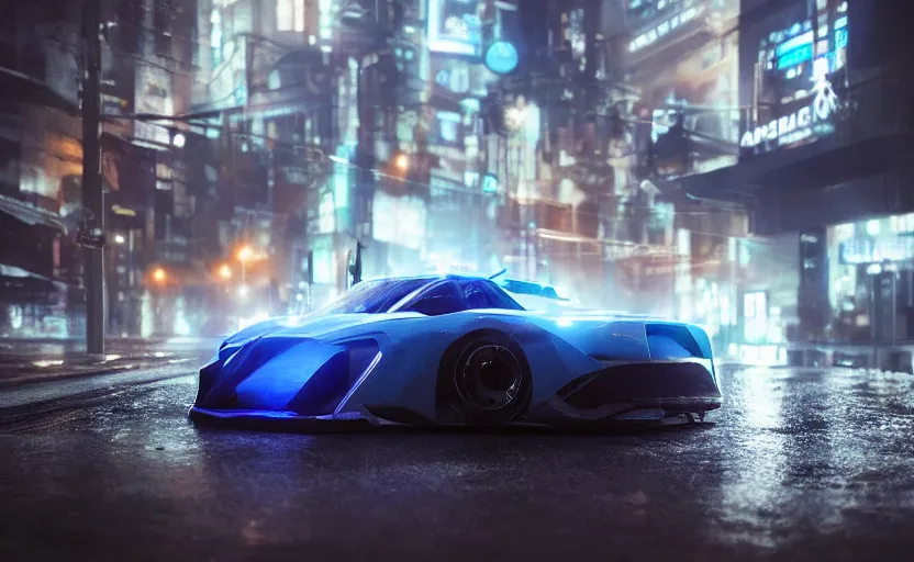 Image similar to One sport vehicle in the streets at night whit blue headlights on by Khyzyl Saleem , night time, stormy wheater, atmospheric, artstaion, concept art, sharp focus, high detail, octane render, cyberpunk