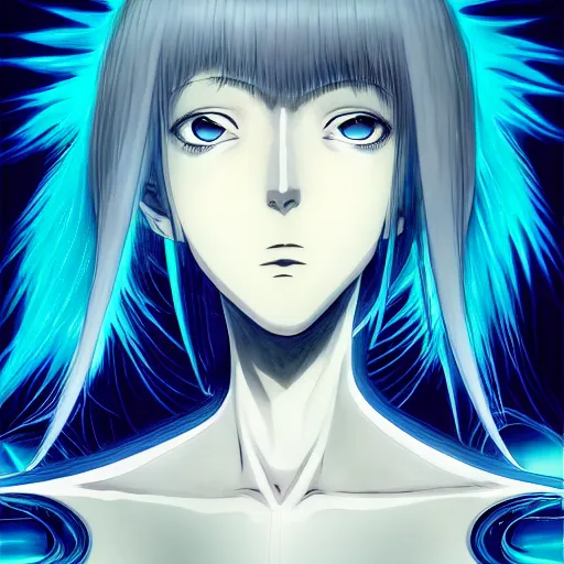 Prompt: 2D movie still, a beautiful cinematic female cyborg angel , fantasy magic, short aqua blue black fade hair, dark light night, highly detailed, advanced digital anime art, concept art, masterpiece by Junji Ito and Sakimimichan