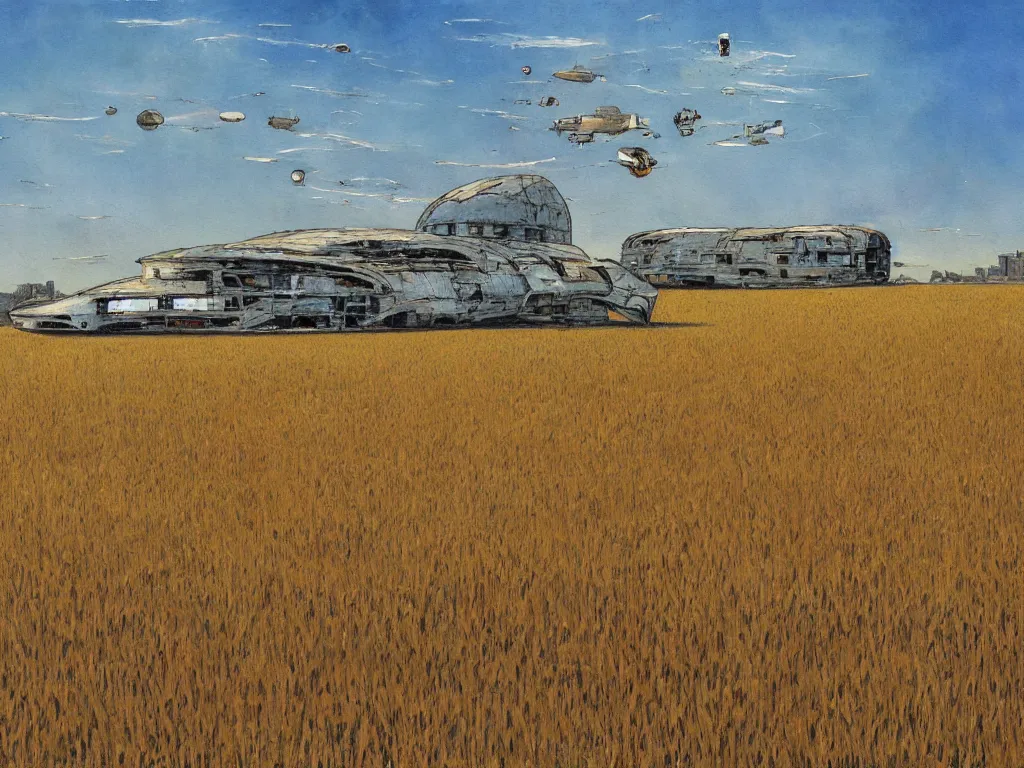 Image similar to A fantastic painting of a dilapidated post-modern building on a wheat field with an abandoned spaceship parked on the roof of the building, by Robert McCall, Trending on artstation, very detailed