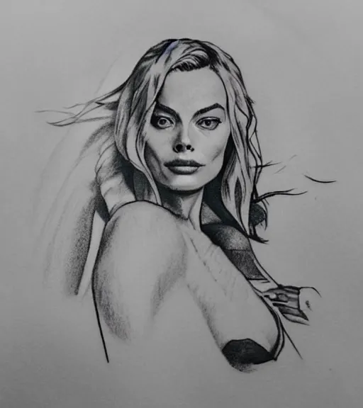 Prompt: tattoo design sketch of margot robbie and beautiful mountain scenery mash up, in the style of lesha lauz, surrealist, amazing detail, sharp