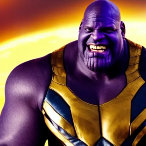 Image similar to Film still of Shaquille O'Neal as Thanos, from Marvel Avengers