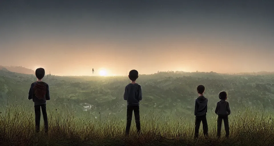 Prompt: two boys and two girls teenagers from behind looking down to a valley, misty sunset, wide shot scenery with a near town in the valley, a twenty meters tall wall at the edge of the town, the wall is build all around, there is a barb wire on the top of the wall, black guardians are patrolling the wall, in the style of Simon Stalenhag, cinematic, dramatic lightning, dystopian