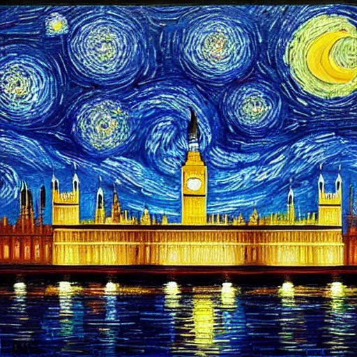 Prompt: A beautiful full screen print of a painting of the houses of parliament in style of starry night