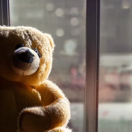 Prompt: a teddy bear leaning out the window, light reflections are seen through the window, professional photo, artstation trend, hdr