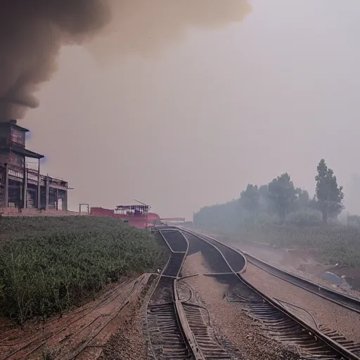 Image similar to industrial mine, pollution, haze, baotou china, steam train,