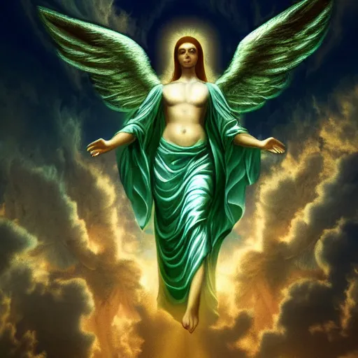 Image similar to angel ascending with four horseman of apocalypse, mintgreen colors only, divine, 4 k, sunlights, hd