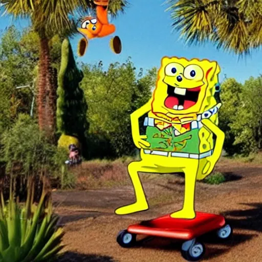 Image similar to spongebob riding a trex