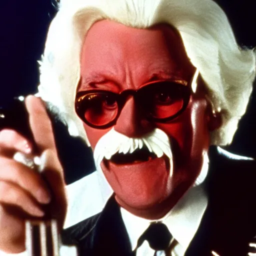 Image similar to A still of Colonel Sanders as an evil supervillain in a 1980s movie