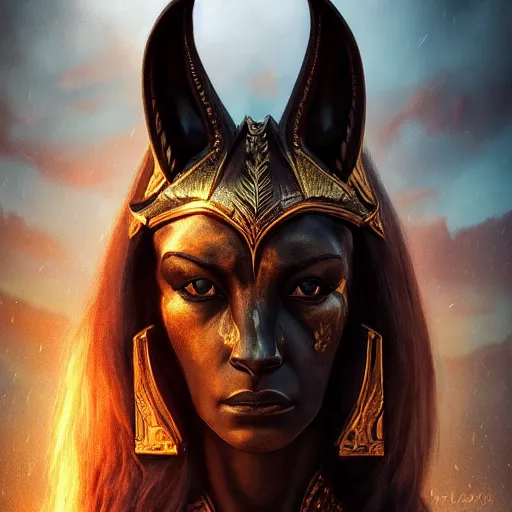 Image similar to Majestic gracious Anubis female warrior portrait, menacing, atmospheric lighting, painted, intricate, volumetric lighting, beautiful, rich deep colours masterpiece, golden hour, sharp focus, ultra detailed, by Leesha Hannigan, Ross Tran, Thierry Doizon, Kai Carpenter, Ignacio Fernández Ríos