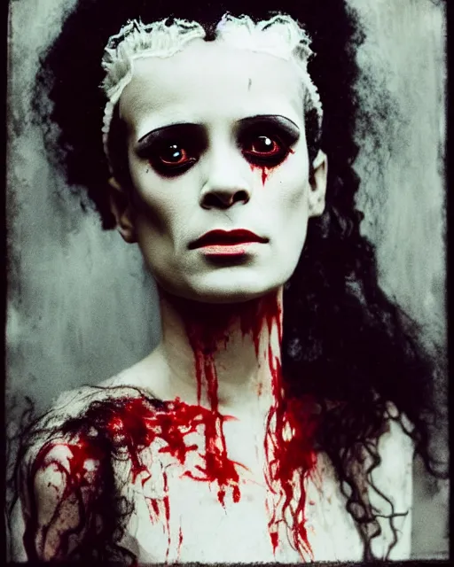 Image similar to an instant photo of a beautiful but sinister ghost bride of frankenstein in layers of fear, with haunted eyes and wild blonde hair, 1 9 7 0 s, seventies, woodlands, delicate embellishments, a little blood, crimson, painterly, offset printing technique, mary jane ansell