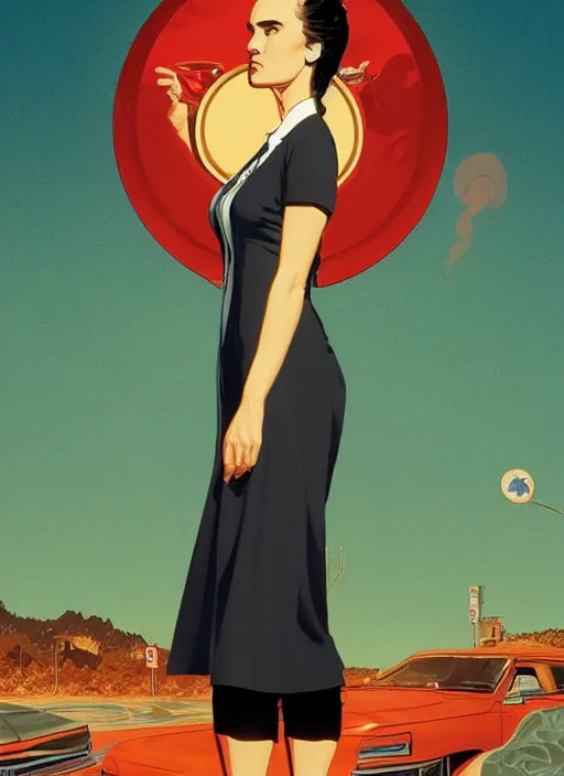 Image similar to poster artwork by Michael Whelan and Tomer Hanuka, Karol Bak of Jennifer Connelly wearing RR Double R diner waitress dress uniform, from scene from Twin Peaks, clean