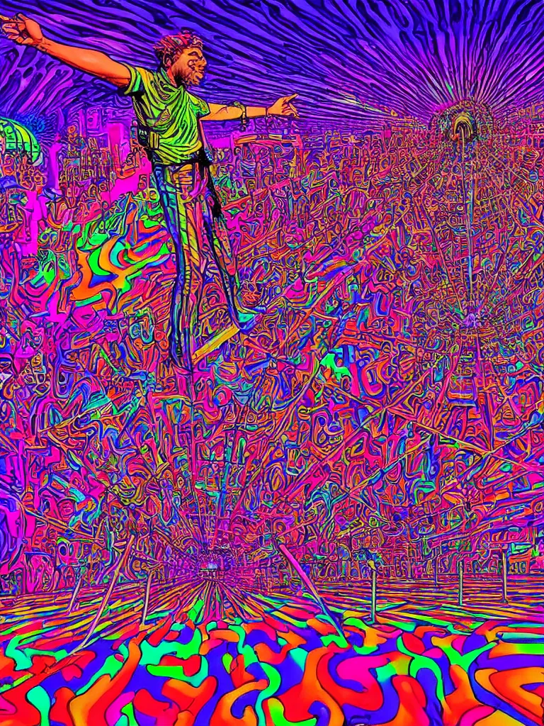 Image similar to rapping on stage at festival, holding microphone, giant crowd, epic pose, happy, psychedelic, hip hop, neon, vaporwave, illustrated by Alex Grey, 4k