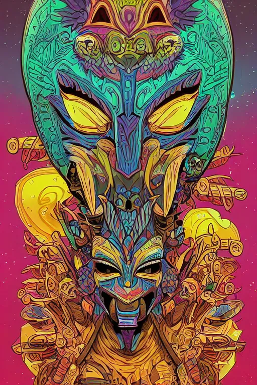 Image similar to totem animal mask tribal feather gemstone plant wood rock shaman vodoo video game vector illustration vivid multicolor borderlands comics by josan gonzales and dan mumford radiating a glowing aura