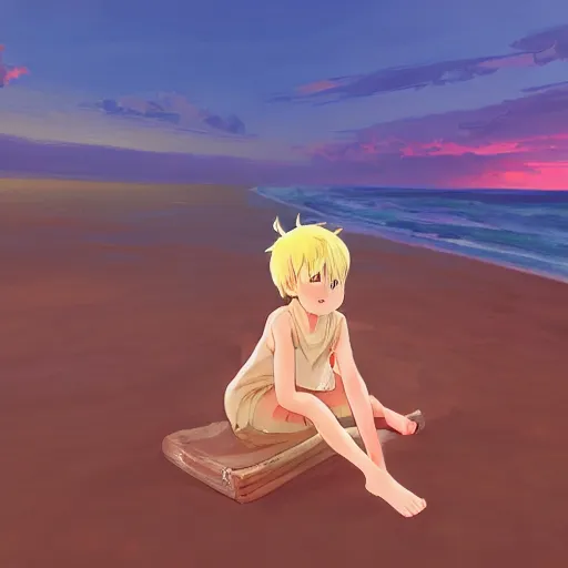 Prompt: beautiful, detailed digital painting of a blond-haired child sitting on the beach looking at the sunset, anime by Makoto Shinkai, sand, waves, trending on artstation