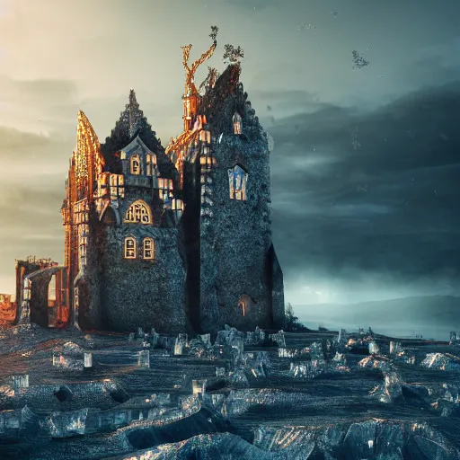 Image similar to medieval baroque castle made of crystal shards, epic landscape, iceland photography, cinematic, octane render, art station, dramatic lighting, beautiful dusk sky, concept art, rococo, photorealistic, intense detail, 8 k