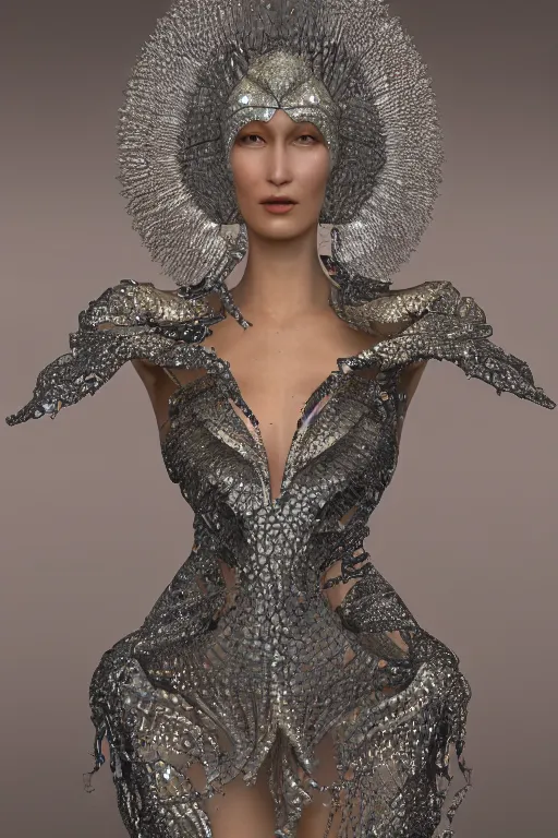 Image similar to a highly detailed metahuman 4 k render close up of a divine alien goddess bella hadid in iris van herpen dress schiaparelli in diamonds swarovski and jewelry in style of alphonse mucha trending on artstation made in unreal engine 4