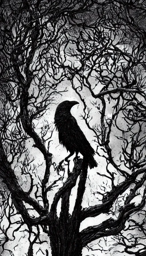 Image similar to book cover art, detailed close-up portrait of crow on a tree in front of the full big moon, dramatic lighting, cinematic, establishing shot, extremely high detail, foto realistic, cinematic lighting, pen and ink, intricate line drawings, by Yoshitaka Amano, Ruan Jia, Kentaro Miura, Artgerm, post processed, concept art, artstation, matte painting, style by eddie mendoza, raphael lacoste, alex ross