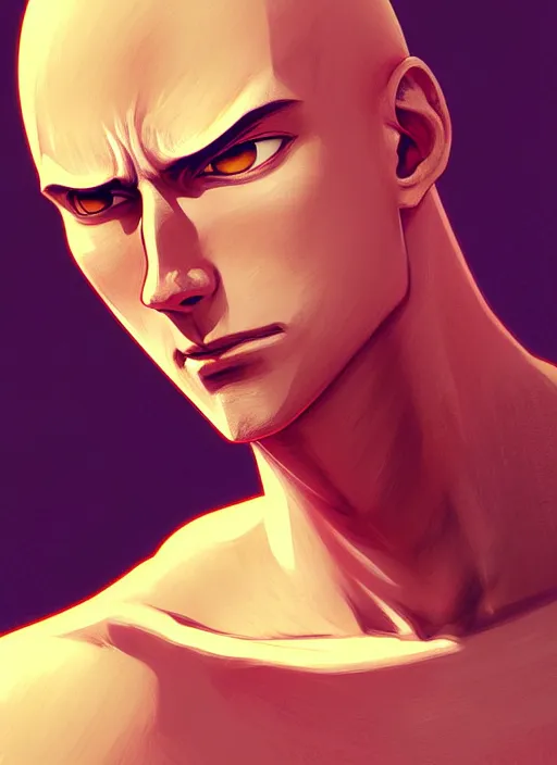 Image similar to handsome saitama, half body shot, path traced, fighting, highly detailed, high quality, digital painting, alena aenami, lilia alvarado, shinji aramaki, karol bak, alphonse mucha, tom bagshaw