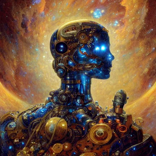 Prompt: highly detailed portrait of an humanoid robotic nebula cloud mecha, painting by gaston bussiere, craig mullins, j. c. leyendecker, lights, art by ernst haeckel, john william godward, hammershøi,