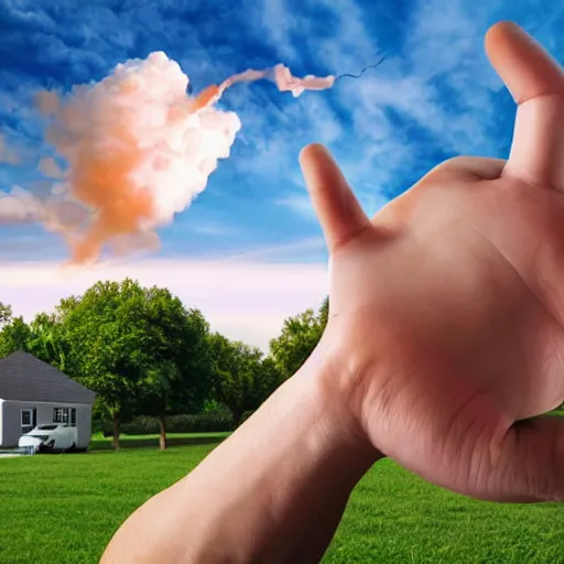 Prompt: giant hand in the sky about to crash a house, hyper realistic, hd,