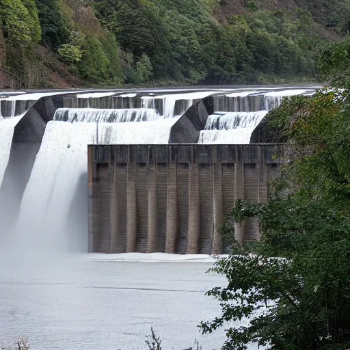 Prompt: Brutalism waterfall dam