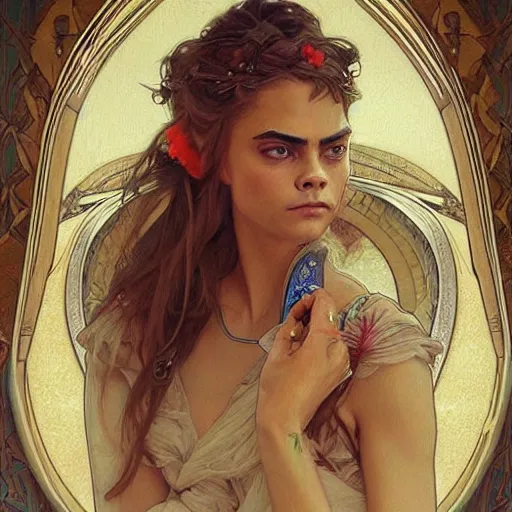 Image similar to amazing lifelike award winning pencil illustration of cara delevingne trending on art station artgerm Greg rutkowski alphonse mucha cinematic