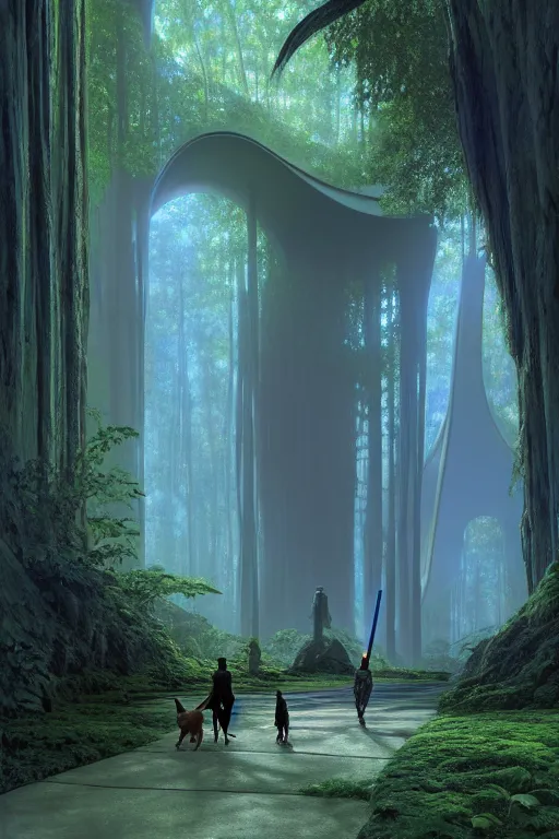 Image similar to emissary a woman walking her two dogs through a blue endor jungle ( designated : ix 3 2 4 4 - a ) in star wars to a magical building designed by zaha hadid, illustrated by arthur haas and bruce pennington and john schoenherr, cinematic matte painting, 8 k, dark color palate