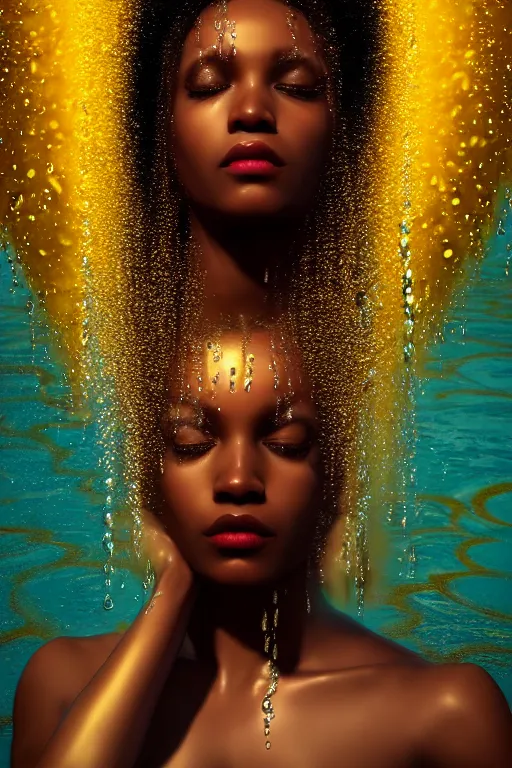 Prompt: hyperrealistic neo raphaelite cinematic very expressive! black oshun goddess, in water up to her shoulders, mirror dripping droplet!, gold flowers, highly detailed face, digital art masterpiece, smooth eric zener cam de leon chiaroscuro pearlescent teal light, tilt angle uhd 8 k, sharp focus