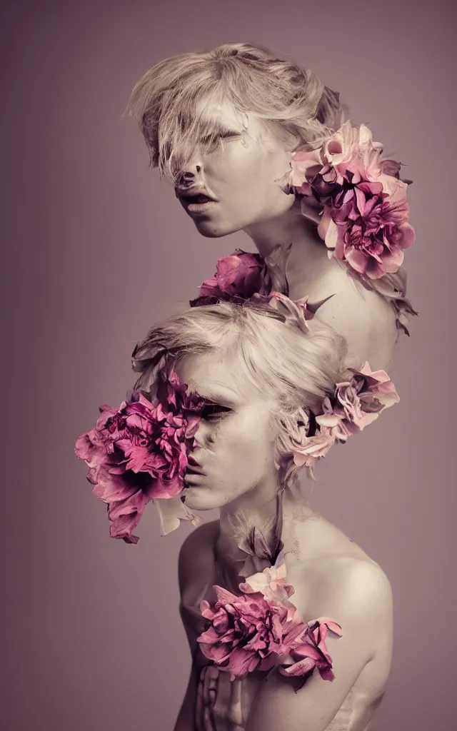 Prompt: flower adornment, creative studio portrait photography with wildly experimental and interesting lighting