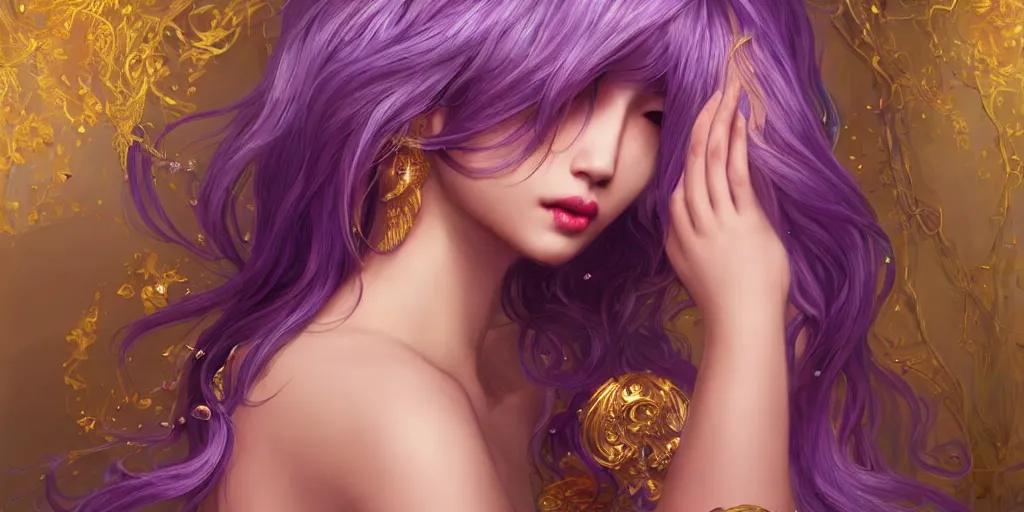 Prompt: asian nymph goddess flowing purple hair twisting in sensual pose with golden tattoes of cursive sigils on her opalescent skin, fantasy, intricate, very beautiful, elegant, golden light, highly detailed, digital painting, artstation, concept art, smooth, sharp focus, unreal engine, art by wlop and tian zi and alphonse mucha