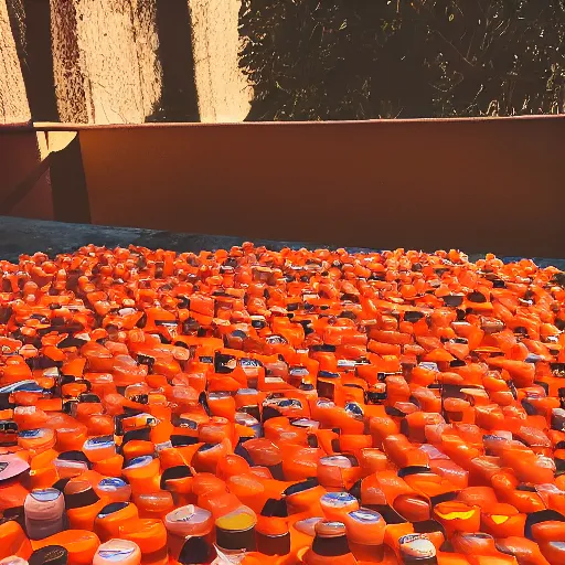 Prompt: 1 0 0 0's of orange colored lipbalm in giant piles on table, shaded, backlit