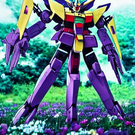 Prompt: Mamoru Nagano Gundam vibes surrounded by flowers