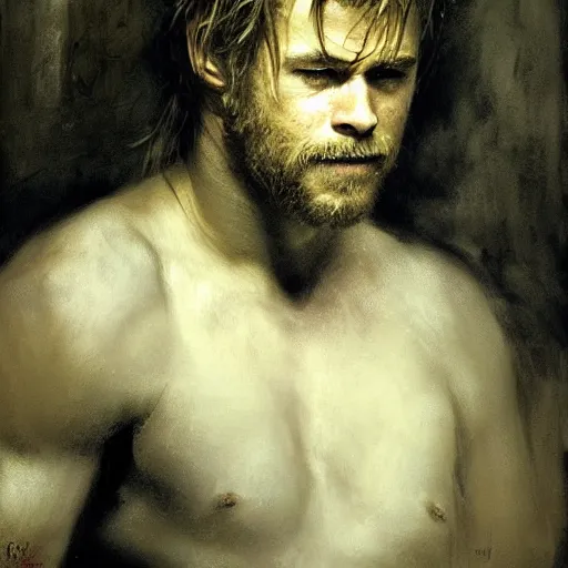 Image similar to portrait of an emotional chris hemsworth, by jeremy mann, anders zorn.