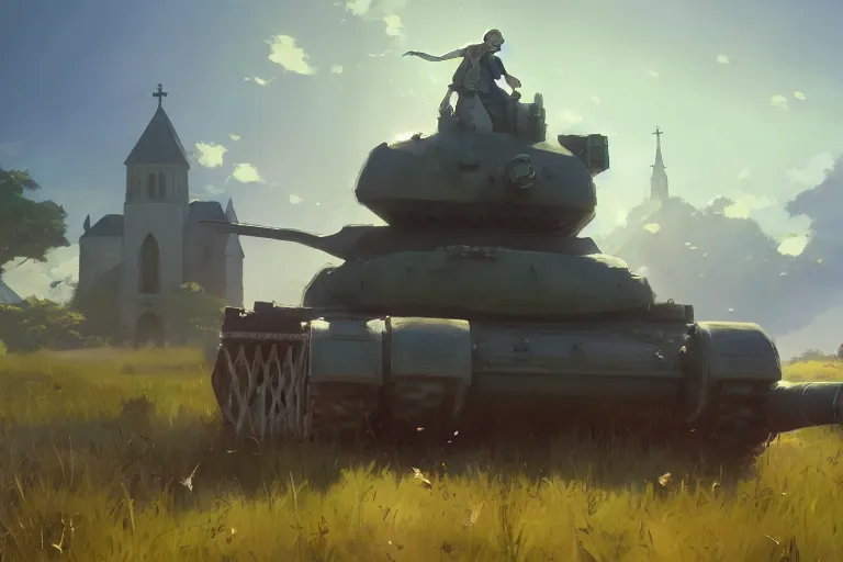 Prompt: a tank with a church as tanktower, scene in an open field. key visual, conceptart, ambient lighting, highly detailed, digital painting, artstation, concept art, sharp focus, by makoto shinkai and akihiko yoshida and greg manchess